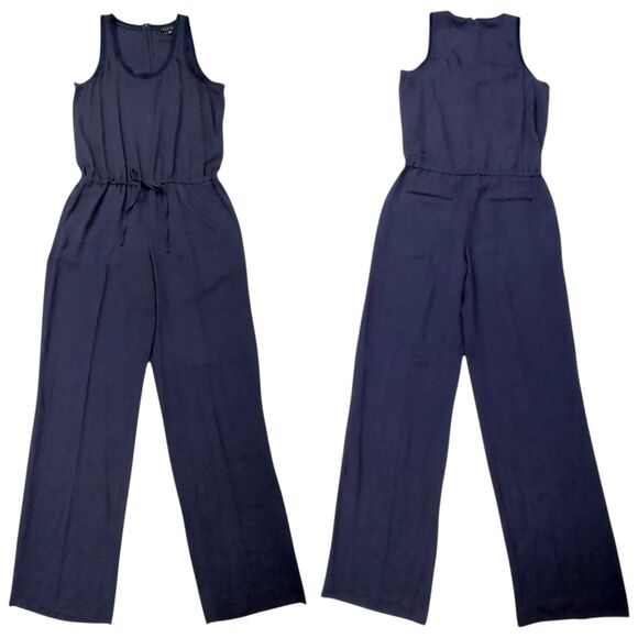 Theory Jumpsuit Womens 6 Navy Silk Sleeveless Tie Front Straight Leg Relaxed Fit - Picture 1 of 14